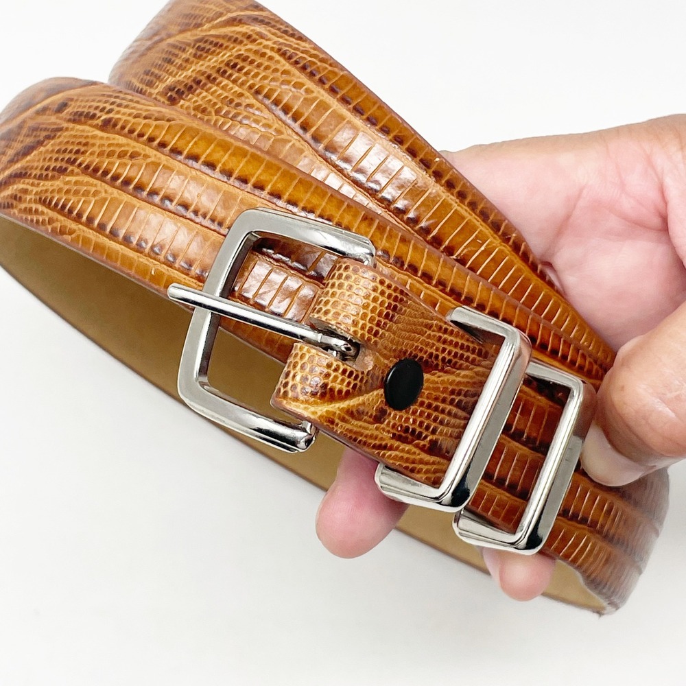 Italian Calfskin Lizard Embossed Belt Men's 42 Brown Western Leather Silver Tone